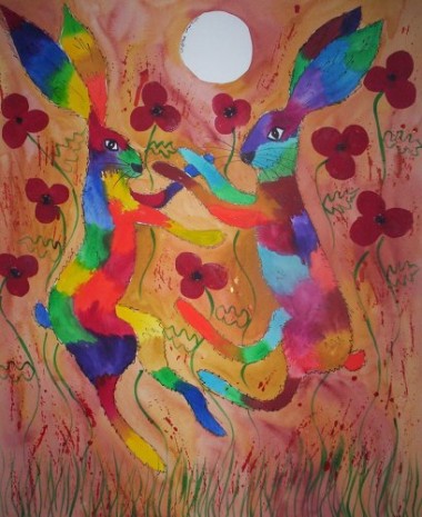Quirky, psychedelic hares boxing among poppies