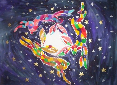 Quirky, psychedelic hares chasing each other around the moon at midnight