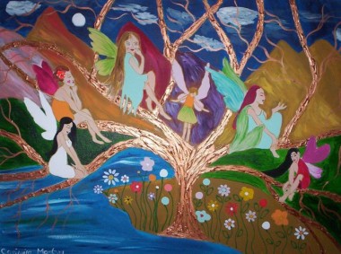 fairies posing on a tree of life by a river