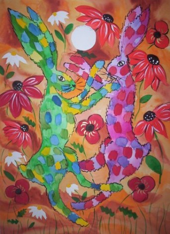 Psychedelic hares boxing among the Flowers