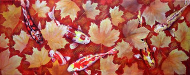 Yellow Leaves and Colored Koi Fish in Red Bottom Pool