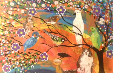 The Fluffy cat and the Colourful Bird Tree