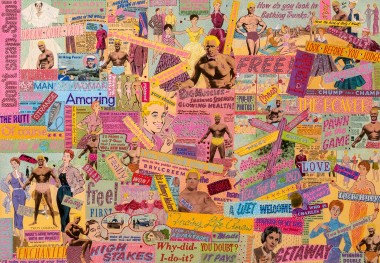Dream come True, limited edition giclée digital print, collage, mixed media, Swarovski crystals, pink, male pin ups, LBGT, gay, trans, kitsch, current, topical