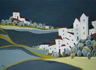 The Other Side - Original semi-abstract painting of an imaginary rural landscape with houses and trees divided by a river.