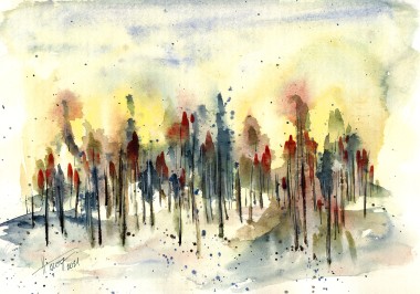 Sunset in the Woods - watercolor and ink on paper