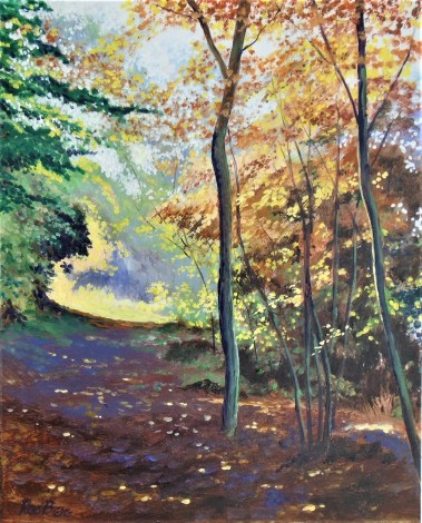 affordable oil painting affordable art, sunlight autumn, woodland walks peace.