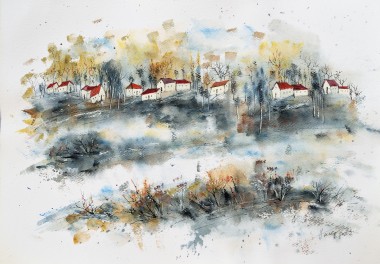 Rainstorm in the Village watercolor painting on paper 