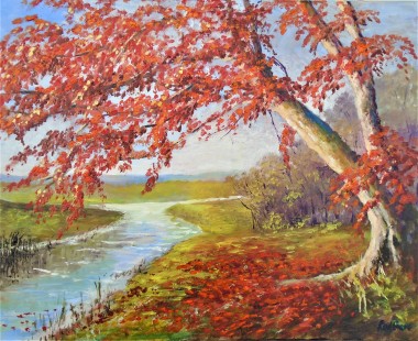Autumn reds, trees, river peaceful, colourful  affordable oil painting,affordable art, seasons,