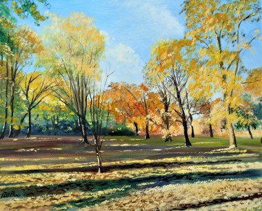 Autumn colours, sunlight and shadow, landscape, park, garden, trees , affordable art, affordable oil painting.