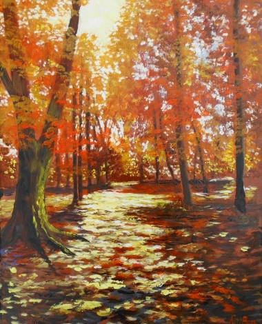 affordable oil painting, Autumn woodland , sunlight through the trees, 