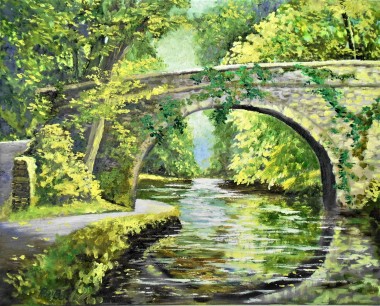 river, bridge, peaceful, affordable oil painting, reflections in water, green, 