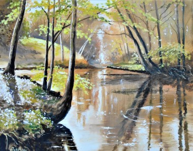 peaceful, wildflowers, river, reflections in water, Affordable oil painting.