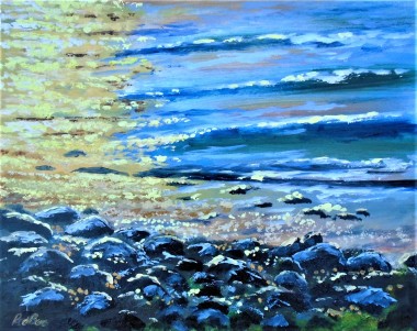 sunrise, seascape, waves, pebbles. beach. affordable oil painting. peaceful.,