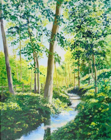 stream, trees, sunluight through the trees, peaceful, parkland, Enbrook, affordable art, greenst
