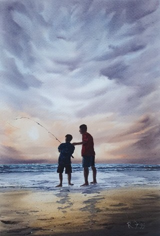 Out  With Dad 1 - Original watercolour painted by Ricky Figg on watercolour paper. 