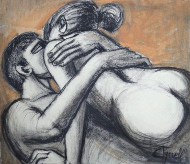 embraced man and woman kissing