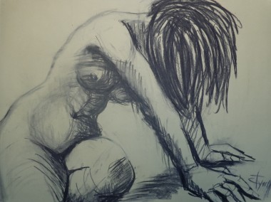 propped seated female nude drawing 