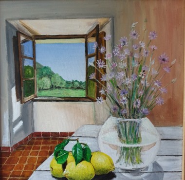 Window, Cornflowers and Lemons 