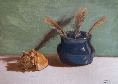 Conch, blue vase and feathers 2024