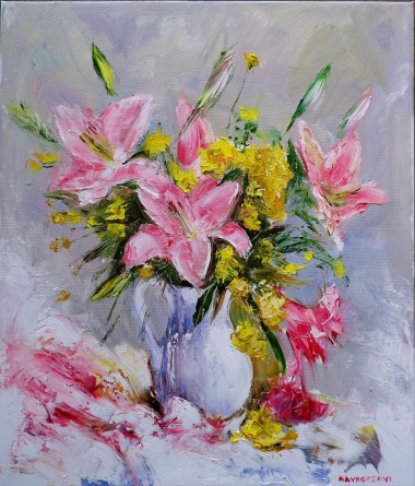 Still life.  Pink Lilies In A Vase