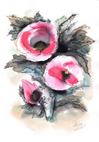 Abstract Poppies watercolor and ink on paper