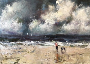 Dog on beach 
Figurative 
Dogs
Boats
Harbour cottages sand 
Rocks
High tide