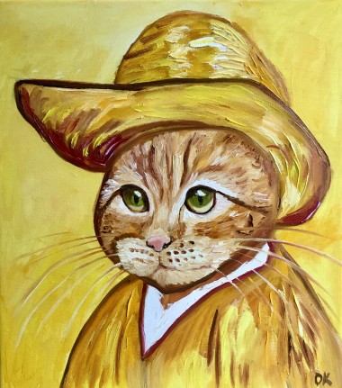 Cat in a straw hat inspired by Vincent Van Gogh self portrait 