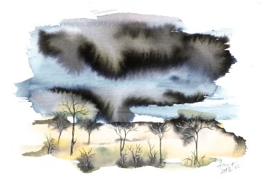 Trees in Heavy Storm - original watercolor and ink on paper 