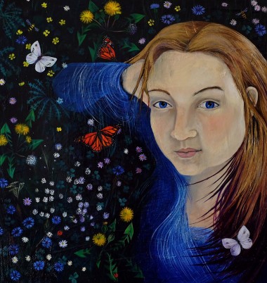 Lying in the grass oil painting butterfly flowers girl love blue eyes Dawn Rodger original artwork