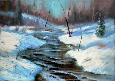 Icy river in the Christmas forest