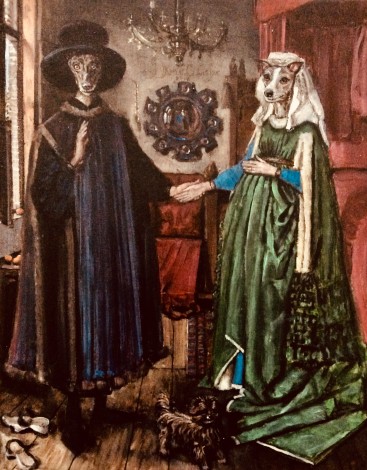 Whippet couple as the Arnolfini Portrait by Van Eyck
