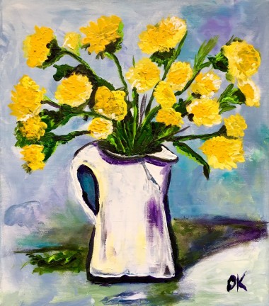 Dandelions, white jar 
Palette knife painting 
Full frontal image 
Ready to hang 