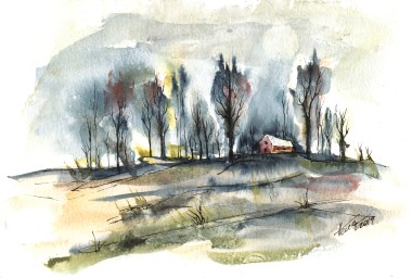 Daybreak watercolor and ink painting