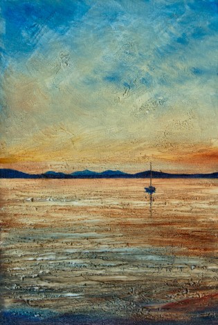 Boat at Sunset in oil.