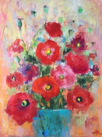 poppies,flowers,red,bouquet,still life,pastel,drawing