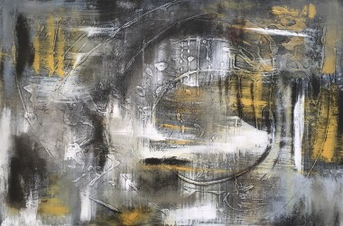 A space in time abstract painting, gold, silver and white. Full frontal