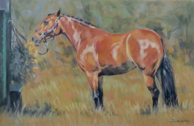bay horse at horse show eating hay net pastel painting