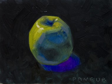 Modern still life of an apple on black and blue