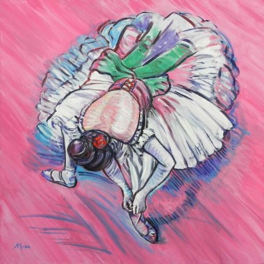 Seated impressionistic ballerina against a pink background