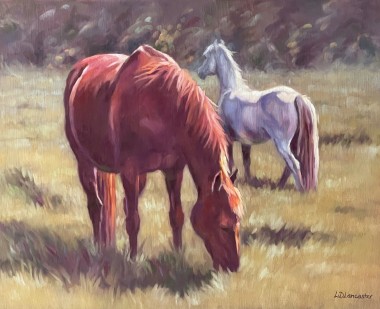 Grey and chestnut ponies in field painting