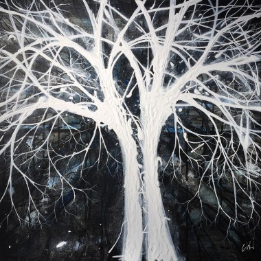 black and white trees painting