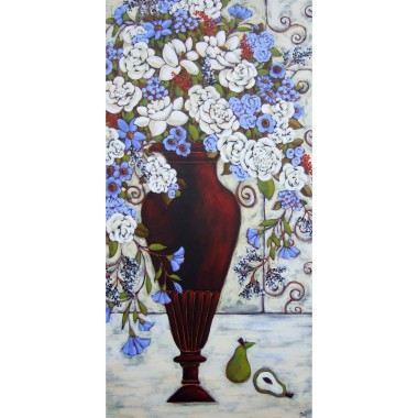 Blue and White Blooms with Pear