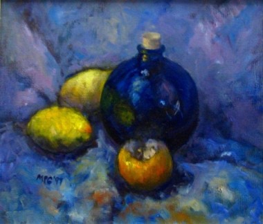 Blue bottle and fruit
