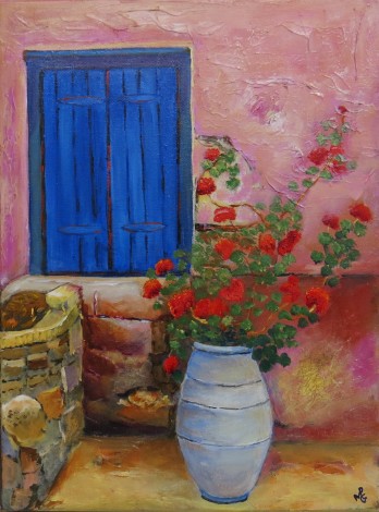 Blue Shutters and Geraniums