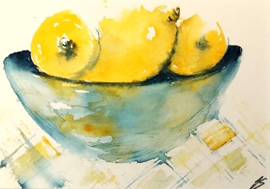 Bowl of Lemons on Chequered  Tablecloth