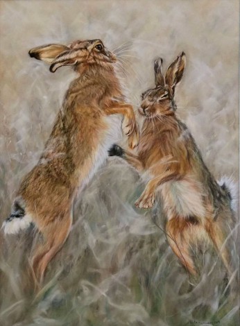 Boxing hares. Pastels.
