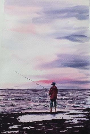 Boy At Sunset - Original watercolour painted by Ricky Figg on watercolour paper - Boy fishing at sunset