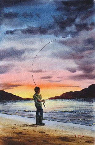 Boy Fishing At Sundown - Original Watercolour painted by Ricky Figg on watercolour paper