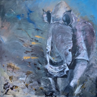 Painting of a charging rhino. The painting has been done in a expressionist style, to give it a distorted look with the dust and debris.