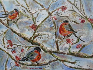 Winter birds on the snowy branches